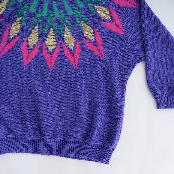 Vintage Franco Valeri Purple Knit Floral Abstract Shoulder Pad Scoop Sweater Xl - Picture 5 of 13